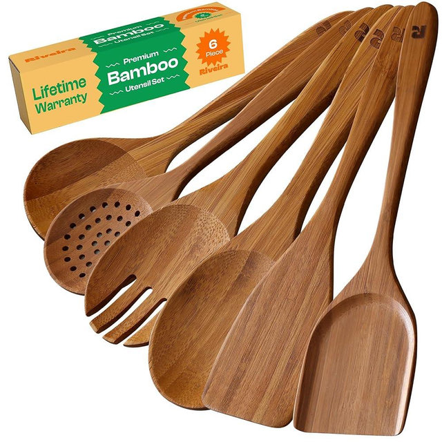 Riveira Brown Bamboo Wooden Spoons for Cooking Set of 6 – Natural Brown Bamboo Wooden Cooking Utensils, Wooden Spatula, Wooden Spoon - Premium Quality Wooden Utensil Set for Non-Toxic Cooking