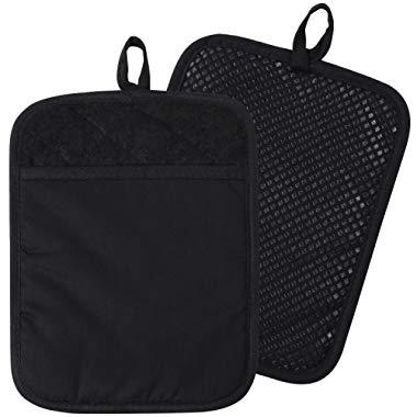 100% Cotton with Silicone Kitchen Everyday Basic Pot Holder Heat Resistant Coaster Potholder Oven Mitts with Pocket for Cooking and Baking Set of 2 Black