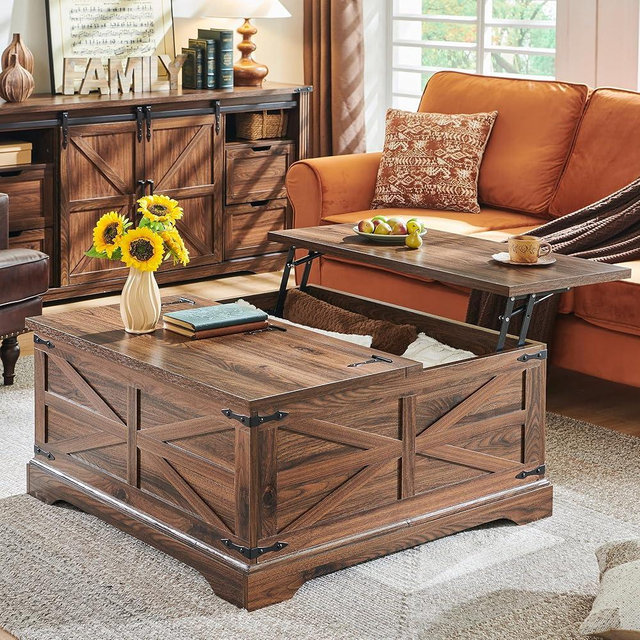 JXQTLINGMU Farmhouse Lift Top Coffee Table with Storage, 36" Wood Square Center Table with Large Hidden Compartment, Rustic Lift Tabletop Dining Table for Home Living Room, Brwon