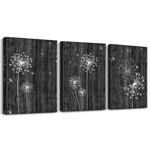 Canvas Wall Art for Living Room Bathroom Wall Decor Canvas Prints Kitchen Wall Artwork Home Decor Black Dandelion Flowers Watercolor Painting 12"x16"x3 Piece Framed Hotel Bedroom Decorations Pictures