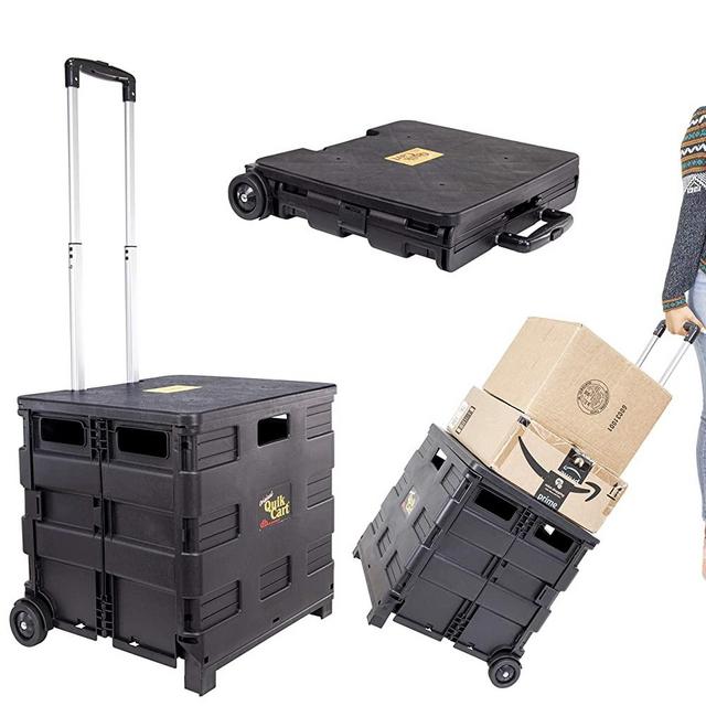 dbest products Quik Cart Collapsible Rolling Crate on Wheels for Teachers Tote Basket 80 lbs Capacity, Made from Heavy Duty Plastic used as a Seat, Black