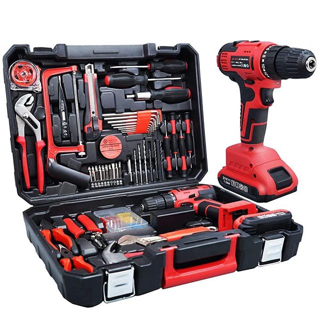 jar-owl 21V Max Cordless Drill/Driver Kit, Brushless, Tool Set with Drill and 112pcs Household Hand Tool Kit for Daily Home Repair, Red