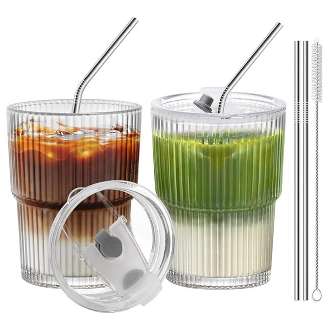 RÉΑLWÁY Iced Coffee Cups with Lids and Straws Set of 2, 13 Oz Glass Cups with Lids and Straws Reusable Iced Coffee Glass to Go Cup for Matcha, Smoothie, Latte, Iced Tea, BPA Free, Dishwasher Safe