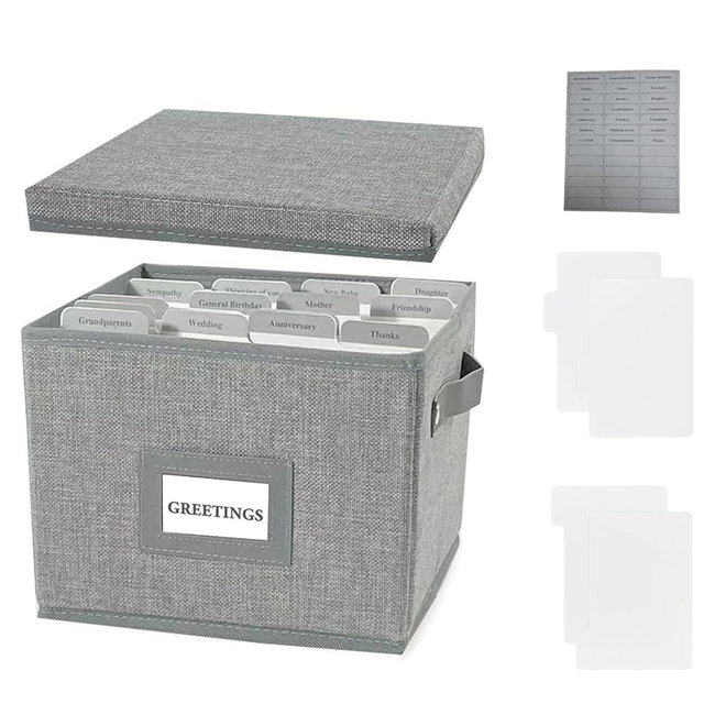 Greeting Card Organizer Box with 16 Dividers,Collapsible Greeting Card Storage Box with Handles Hold 150+ Cards,Greeting Card Holder for Greeting Cards,Sticker, Recipes, Photo, Envelope (Gray, 1 pcs)