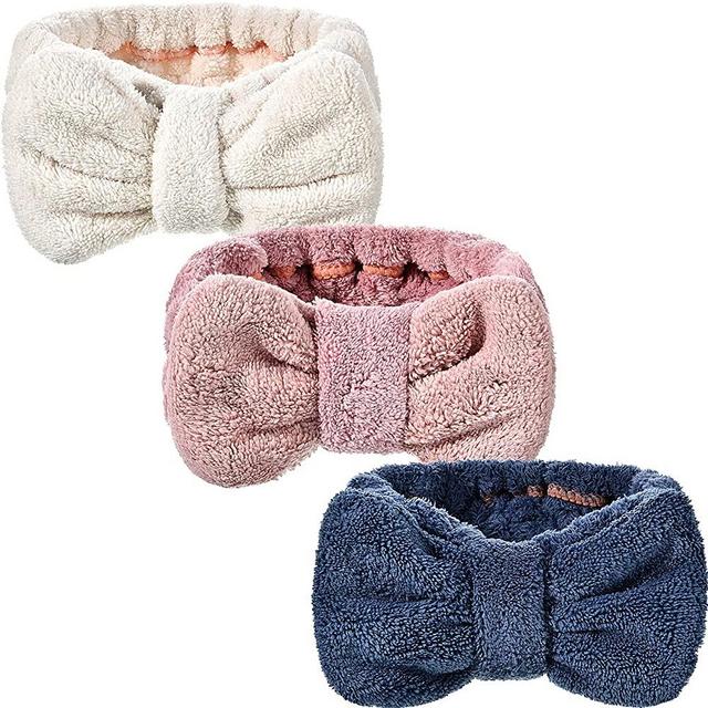 3 Pieces Towel Headbands for Women Makeup Headband for Washing Face Makeup Spa Headband, Microfiber Bowtie Shower Headband for Women and Girls (Pink, Blue, White)