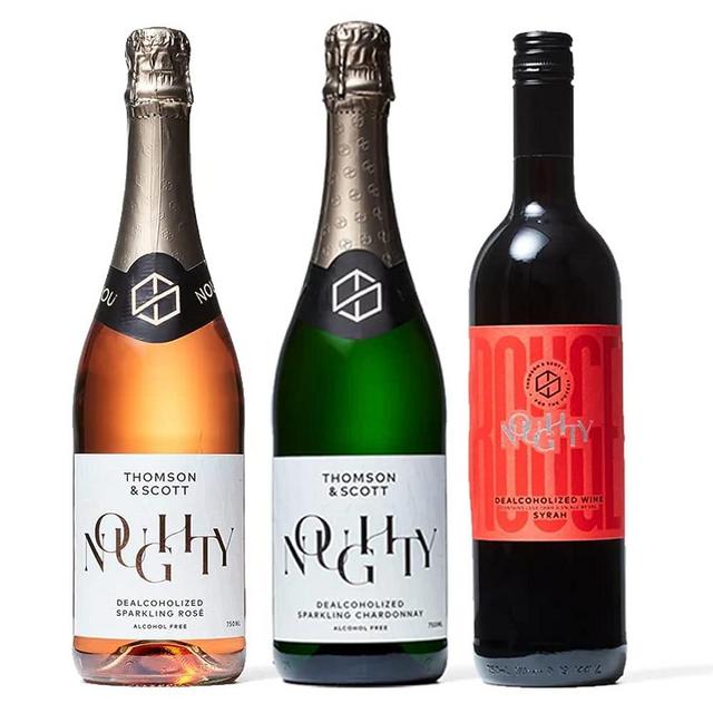 Thomson & Scott Noughty Non-Alcoholic Wine Sampler Bundle, Dealcoholized Rouge (Red Wine), Sparkling Chardonnay and Sparkling Rose, 750 ml each