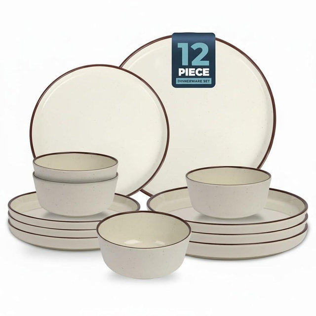 Melamine Dinnerware Sets 12 Piece Unbreakable Plates & Bowls Sets Lightweight Shatterproof Durable Dishware for Camping Picnic Party (Crystal Cream)