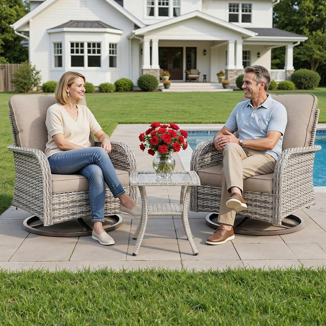 Sweecci 3-Piece Small Patio Furniture Set, Outdoor Swivel Rocking Chairs Set with Wicker Chairs and Tempered Glass Side Table, Outdoor Furniture Patio Bistro Set for Balcony, Deck, Porch