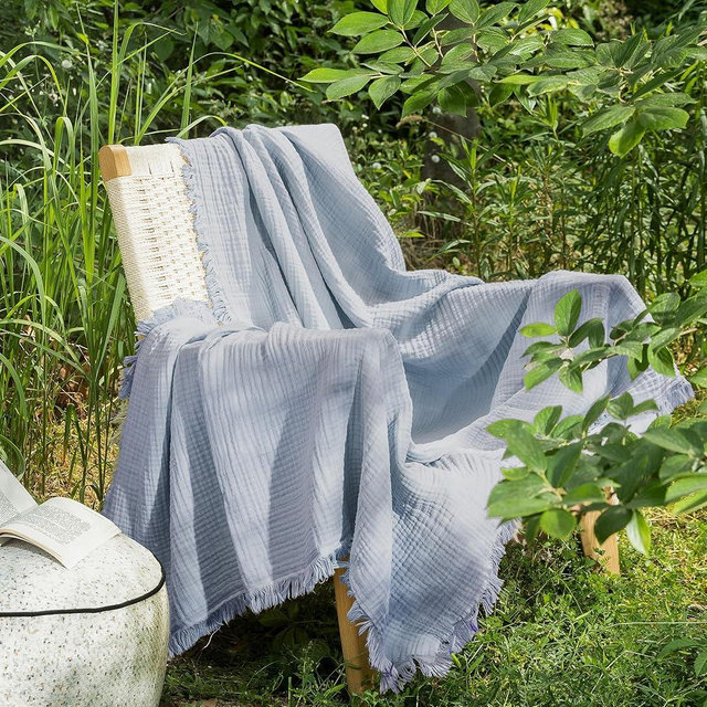 MooMee Muslin Blanket - 100% Cotton 4-Layer Gauze Throw Blanket with Tassels Ultra-Soft Breathable Lightweight Cooling for Bed Couch (Dusty Blue,Throw 60" x 50")