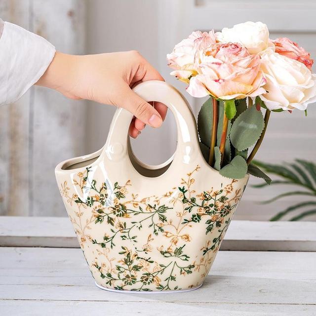 Ceramic Purse Vase for Flowers, Cute Handbag Vase, Vintage Green and Beige Floral Vase, Rustic Farmhouse Vase for Living Room, Kitchen, Bedroom, Table Centerpiece, Chinoiserie and Tuscan Decor 9 Inch