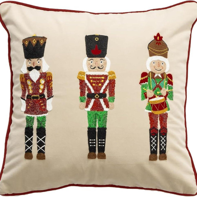 MOCOFO Christmas Embroidered Nutcracker Throw Pillow Cover - Decorative Holiday Cushion Cover (Beige, 18” x 18”)