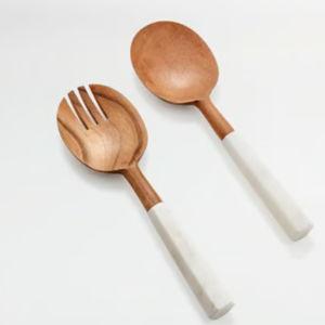 Crate & Barrel - Cubiertos para Servir Ensalada Madera y Mármol Set x 2