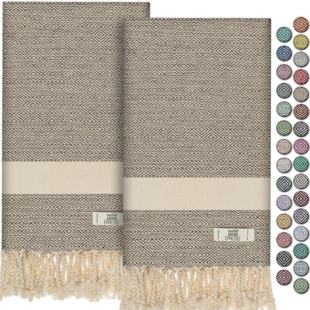 EPHESUS TOWELS Hand Towels - Set of 2 | 18" x 40" - Turkish Cotton - Decorative Turkish Hand Towel for Bathroom, Kitchen, Guest, Face, Hair, Tea, Dishcloth (Diamond, Beige)