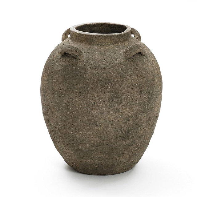 LuxenHome Rustic Ceramic Flower Vase,15 Inch Tall Brown Terracotta Cauldron Vase for Living Room Decor，Large Floor Vase Home Décor Accents,Round Vintage Pottery Vases Home Decor