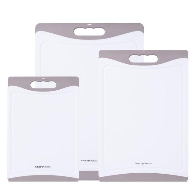 INNOVA CHEFS Cutting Boards for Kitchen, BPA Free, Extra Large Plastic Chopping Board Set of 3 with Juice Grooves, Easy Grip Handles, Non-Slip, Reversible (Gray)