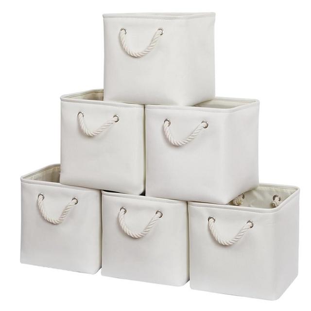ISEMINGLA 11 x 11 Inch Storage Cubes, 6 Pack Large Collapsible Fabric Storage Bin with Ropes, Foldable Storage Cubes for Home, Office,Closet, Clothes, Toys Organizer (White)