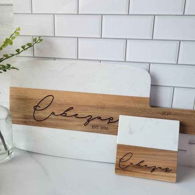 Custom Engraved Marble and Wood Charcuterie Board - Personalized Wedding and Housewarming Gift