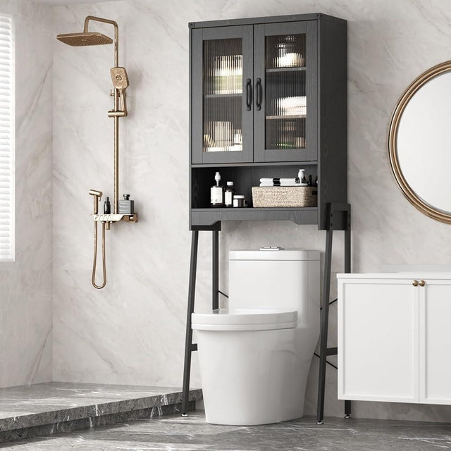 Over The Toilet Storage Cabinet with Tempered Glass Doors & Adjustable Shelf, Bathroom Organizer with Metal Stand Space Saver Over Toilet , Tall Freestanding Shelf/Rack for Bathroom, Black