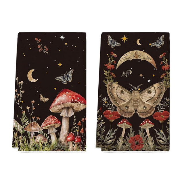 Artoid Mode Black Mushroom Moth Moon Kitchen Towels Dish Towels, 18x26 Inch Spring Flower Seasonal Decoration Hand Towels Set of 2