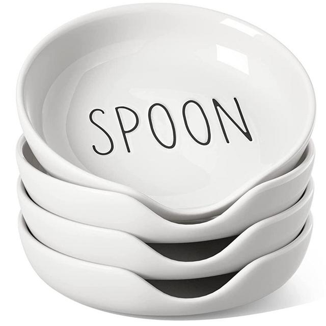 LE TAUCI Ceramic Spoon Rest for Kitchen, 5.1 Inches Spoon Holder for Stove Top, Utensil Holder for Cooking , Farmhouse Kitchen Decor, Set of 4, White