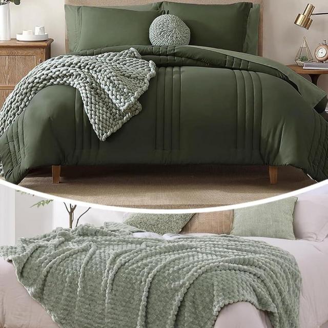 Monbix 7 Piece Comforter Sets and Fleece Throw Blanket Bundle