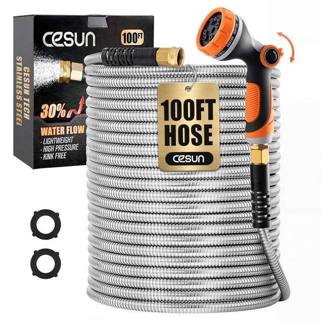 Cesun 100 ft Metal Garden Hose, Stainless Steel Heavy Duty Water Hose With 10 Function Nozzle, No Kink & Flexible, Lightweight and Durable, Rust Proof for Yard, RV, Pet Bath, Outdoor, 100 foot x 5/8"