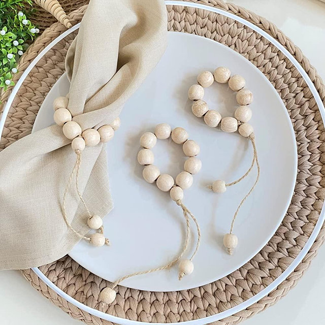 LEBEJUA Napkin Rings Set of 6 - Wood Beaded Napkin Rings - Natural Rustic Wooden Napkin Holder Ring for Table - Handmade Wooden Beads Napkin Ring with Jute Twine - Natural Wooden Napkin Rings Bulk