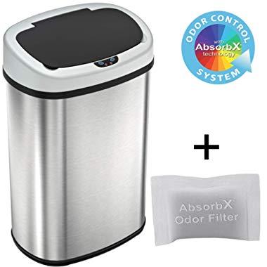 iTouchless 13 Gallon Oval Sensor Touchless Trash Can with Odor Control System, Automatic Stainless Steel Space-Saving Kitchen Garbage Bin for Home and Office