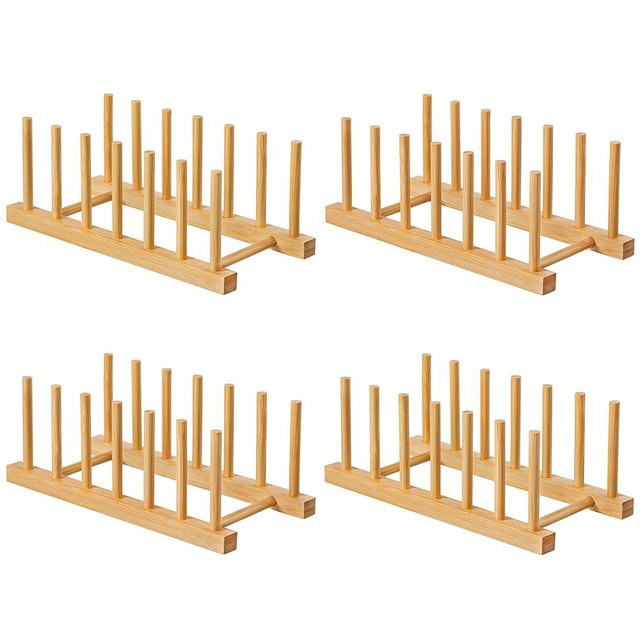 HBlife 4pcs Bamboo Dish Plate Bowl Cup Book Pot Lid Cutting Board Drying Rack Stand Drainer Storage Holder Organizer Kitchen Cabinet（Keep Dry）