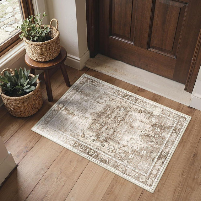 BESBLEE Area Rug 2x3 Doormat, Machine Washable Low Pile Vintage Rugs, Small Lightweight Rug Entryway Indoor Mat for Entrance, Hallway, Kitchen and Corridor, Latte Beige