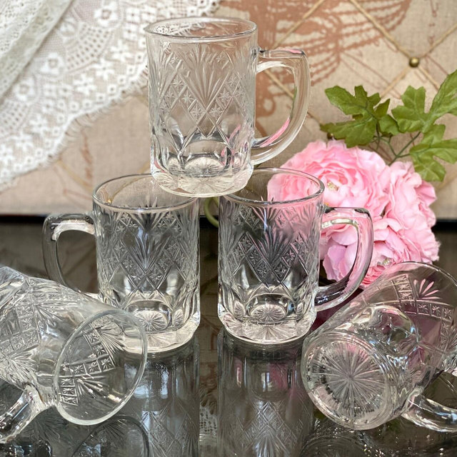 Soviet Russian Crystal Cut Tea Cups Coffee Mugs Handle Drinking Glass Beer Vintage USSR 1960 Bar Hot Cold Serving Beverage Drinkware Party