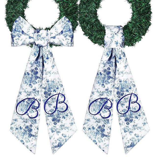 Mindsoft 2 Pcs Monogram Wreath Sashes for Front Door Letter B Embroidery Chinoiserie Wreath Sash 56.2 Inch Blue and White Door Decorations for Porch Yard Bridal Shower Housewarming Gift
