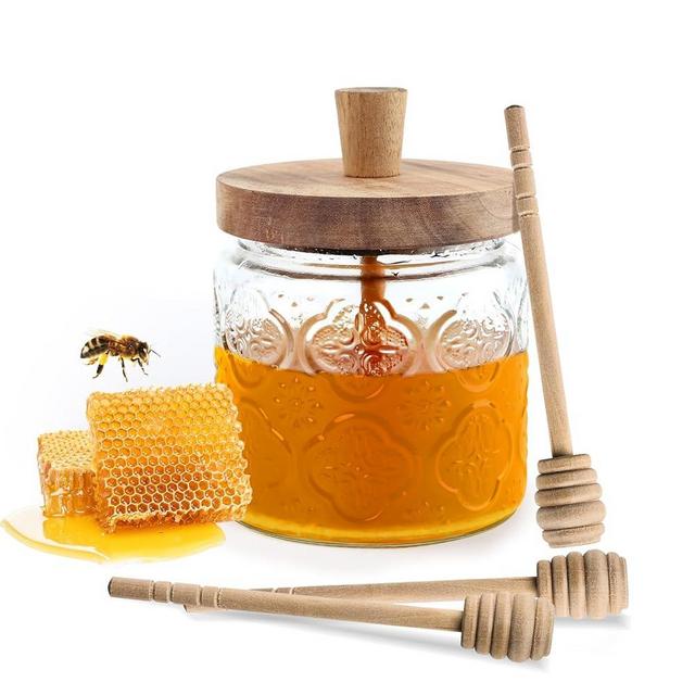 ydzqdxzz 17oz Honey Jar with 3 Wooden Dippers,Glass Honey Pot Container Dispenser,Clear Glass Honey Container for Home Kitchen,Store Honey and Syrup,Easy to Clean