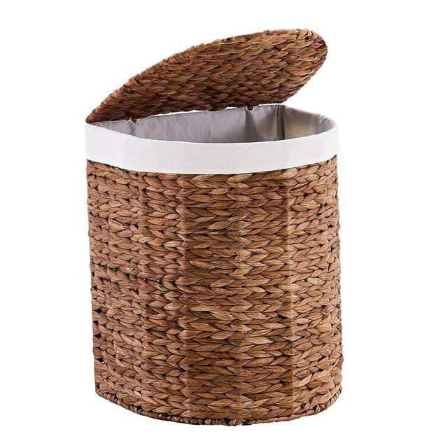 LGENHOOM Water Hyacinth Laundry Hamper with lid, Half Moon Shape with 2 Removable Cloth Bags, Handwoven Boho Wicker Basket for Laundry Organization, Espresso