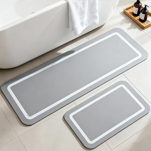 Soft Diatomaceous Earth Bath Mat, Quick Dry Bathroom Mats 2 Piece, Gray Super Absorbent Bath Mat Set, Washable Non Slip Bathroom Rugs, Stone Bath Mats Alternative, 15.74" x 23.62" Plus 15.74" x 47.2"