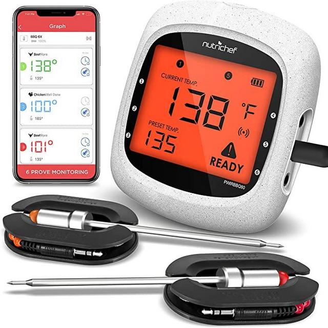 NutriChef Smart Bluetooth BBQ Grill Thermometer - Upgraded Stainless Dual Probes Safe to Leave in Outdoor Barbecue Meat Smoker - Wireless Remote Alert iOS Android Phone WiFi App, One Size, PWIRBBQ80