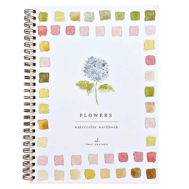 Flowers Watercolor Workbook by Emily Lex Studio, 12 Beginner Friendly Sketched Illustrations, Lay Flat Spiral Pages, 6.5 x 9 inch, 120lb Watercolor Paper