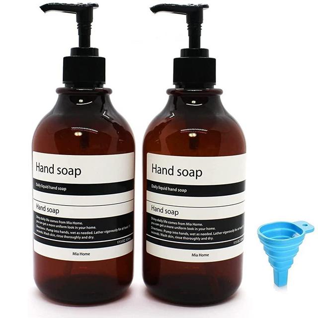Mia home 17.5 oz Refillable Empty Amber PET Plastic Bottle Set - 2 Bottles of Hand soap with additional labels (Shampoo, Body lotion, Dish soap), Silcone Funnel