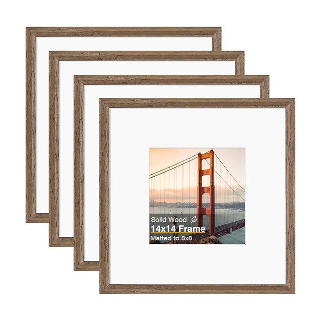 KINLINK 14x14 Picture Frame, Brown Square Solid Wood Frames for Pictures 8x8 with Mat or 14x14 without Mat, Wall Display Photo Frames Brown Wood 4 Pack