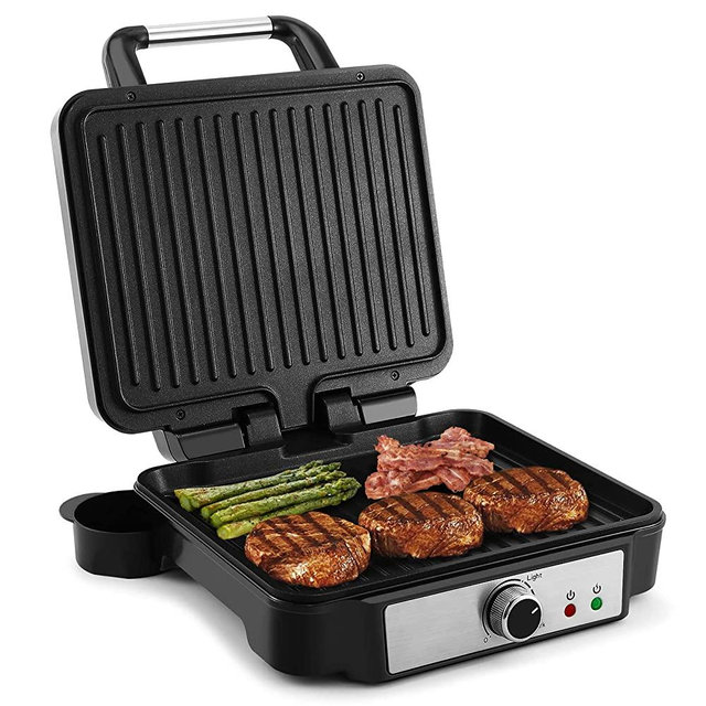 Panini Press Sandwich Maker MONXOOK, 4 Slices Panini Grill Non-Stick Coated Plates, Panini Makers with Temperature Control, Opens 180 Degrees, Removable Drip Tray, 1400W, Stainless Steel