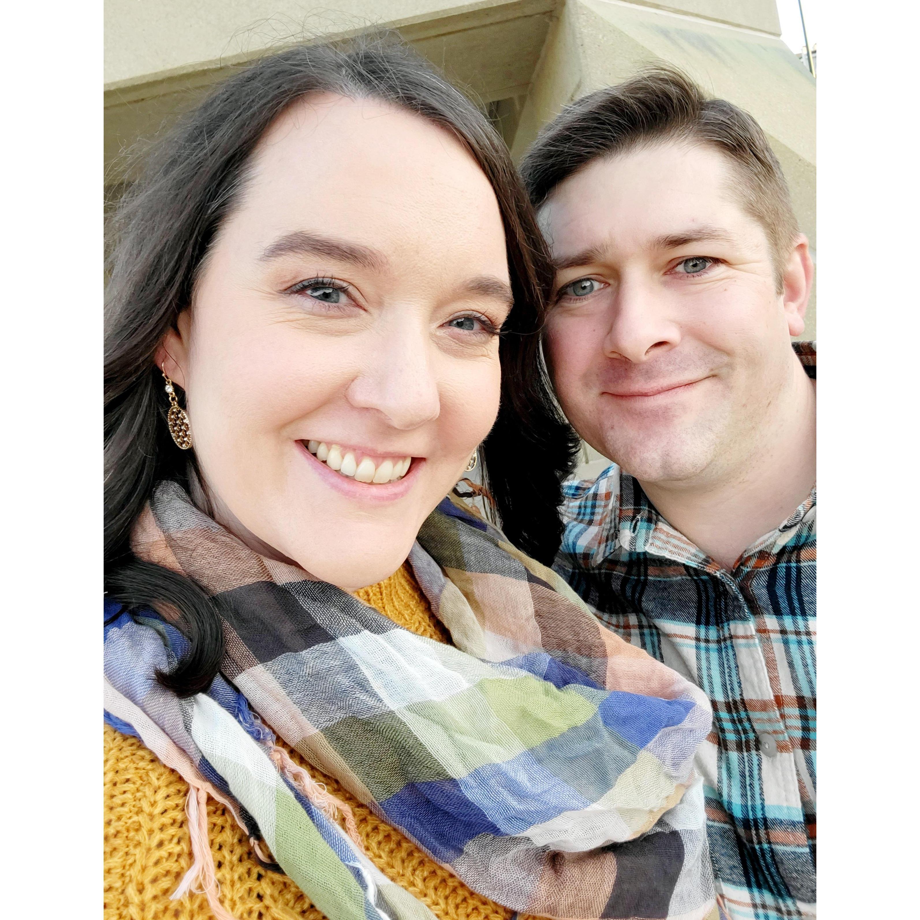 Our selfie on the day we got our engagement photos taken