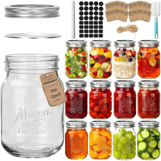 CycleMore 16oz Mason Jars, 12 Pack Canning Jars with Metal Airtight Lids and Bands, Embossed Pint Glass Jars Ideal for Canning, Pickling, Meal Prep, Jam, Honey, DIY Shower/Wedding Favors