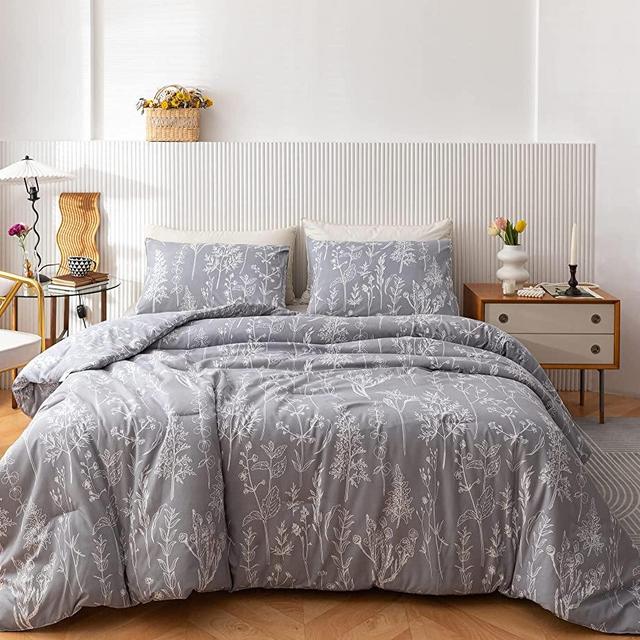 Janzaa 3PCS Comforter Set Floral Comforter Set Bedding Set White Flower Printing on Gray Comforter with 2 Pillow Cases for All Season Using(Queen)