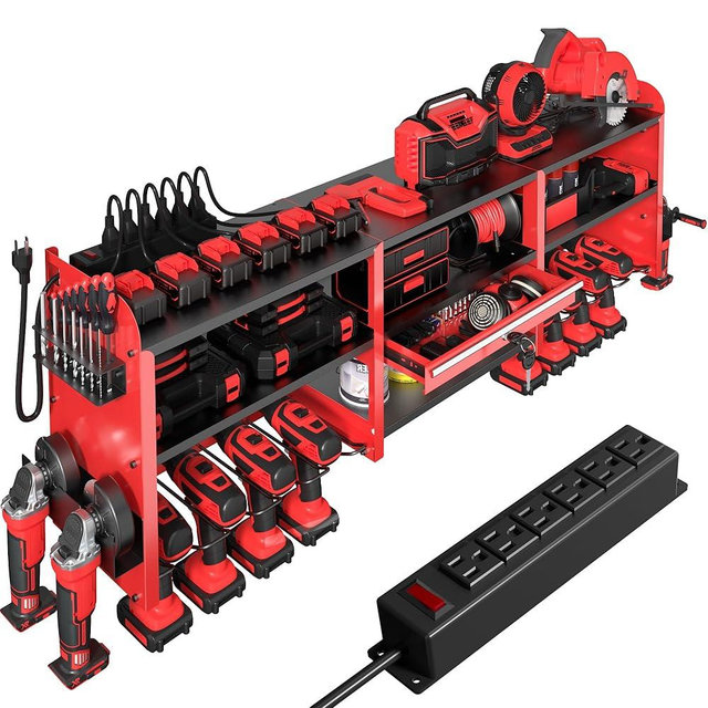 KSVO Large Power Tool Organizer Wall Mount with Locking Drawers, Grinder Holder, Hammer & Pliers Rack, & 6-Outlet Charging Shelf – Heavy Duty Metal Tool Storage for Garage & Workshop