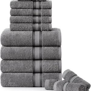 LANE LINEN Luxury Bath Towels Set - 12 Piece, 100% Cotton, Zero Twist, Super Soft & Absorbent, Includes 4 Bath Towels, 4 Hand Towels, 4 Washcloths - Cool Grey