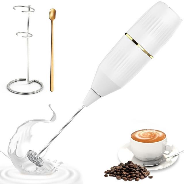 Homexup Handheld Milk Frother 14,000 RPM Drink Mixer Wand with Stand & Stirring Spoon Quiet One-Button Operation, Non-Slip Handle, Detachable Whisk Head for Coffee, Lattes, Cappuccinos, Matcha (White)