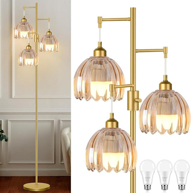 Gold Floor Lamps for Living Room Vintage Floor Lamp with Glass Lmapshape & Led Bulb,Dimmable Floor Lamps Brass Mid Century Modern Standing Lamp Tall Tree Flower Floor Lamp for Bedroom,Office,Corner