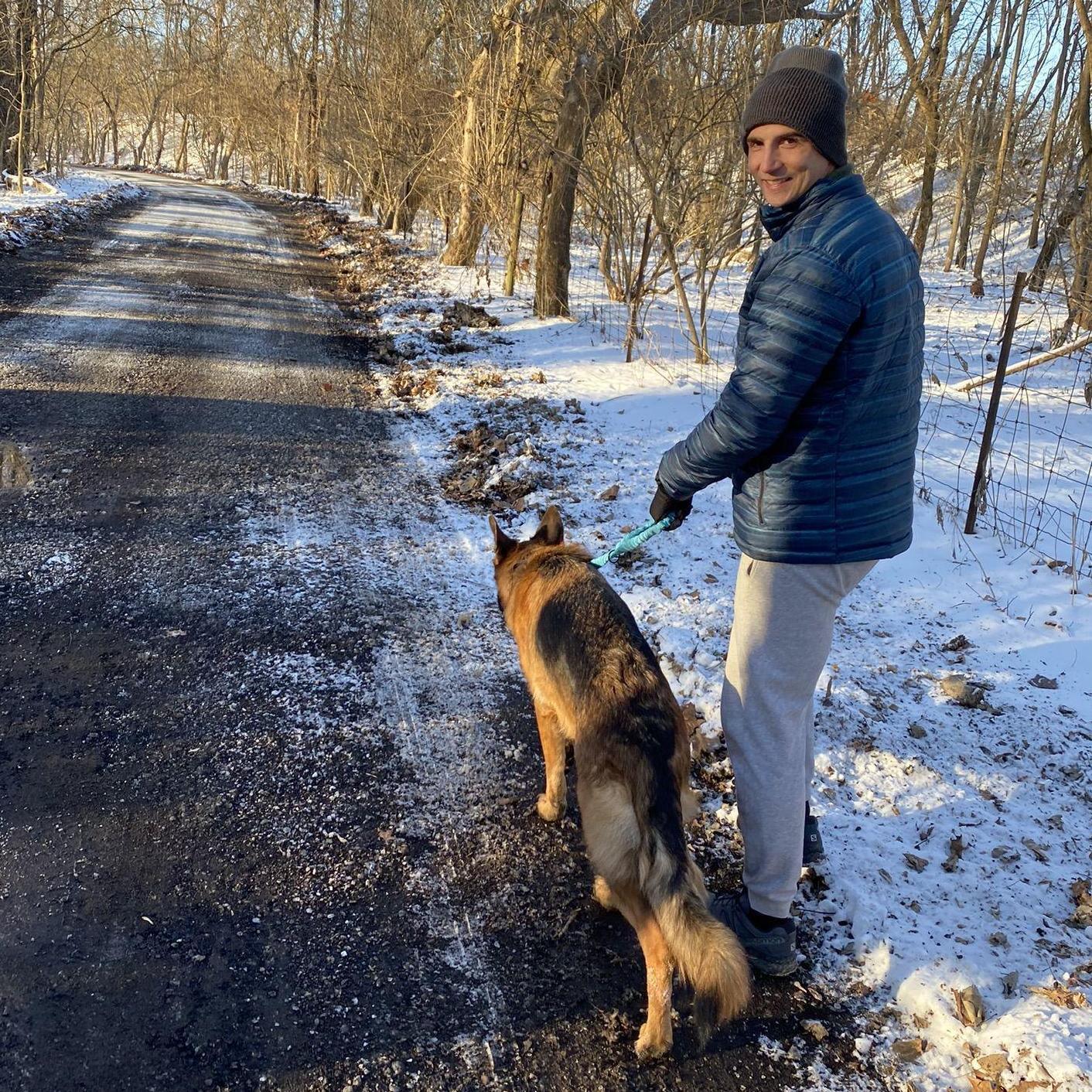 Roland walking Alfie in Ohio, while its 10 degrees outside