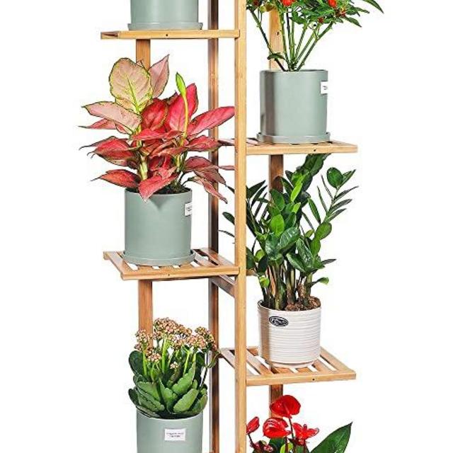 DESHENG Bamboo Plant Stand Rack 6 Tier 7 Potted Indoor&Outdoor Multiple Stand Holder Shelf Rack Planter Display for Patio Garden, Living Room, Corner Balcony and Bedroom (7 Flowerpots)