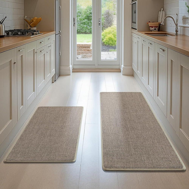 cusugbaso Kitchen Rugs Set of 2, Washable Rubber Backing Non Slip Runner Rugs for Office, Home, Front of Sink, Absorbent Kitchen Mats for Floor（Beige, 17.3"x47"+17.3"x29"）